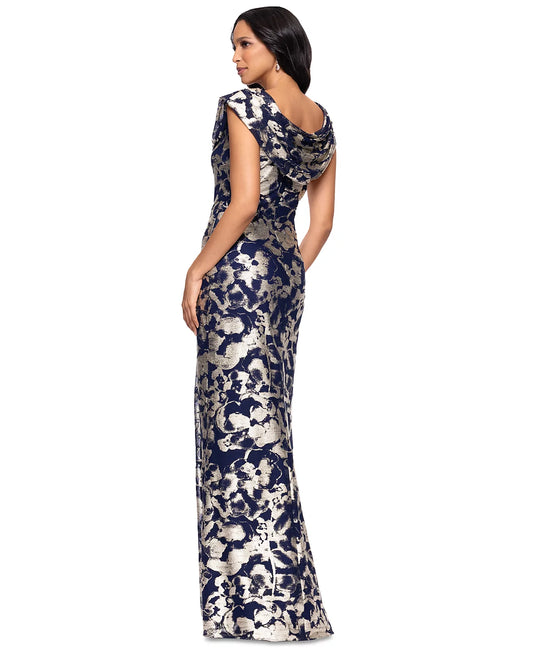 Betsy & Adam Floral Foil Sheath Gown