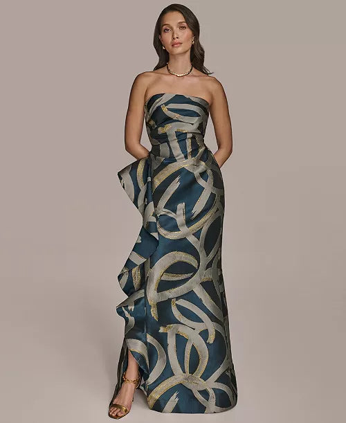 Donna Karan Metallic Print Strapless Gown