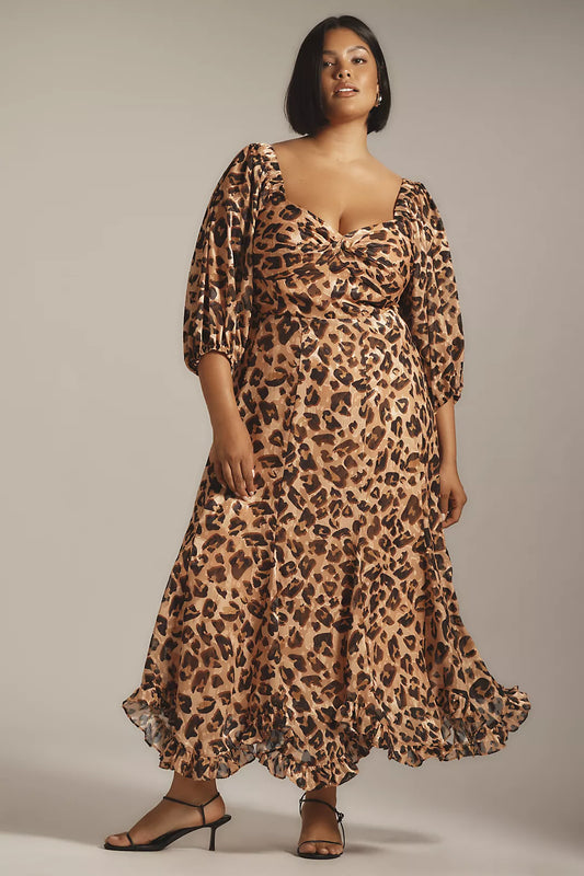 Hutch Animal Print Puff Sleeve Ruffle Hem Dress