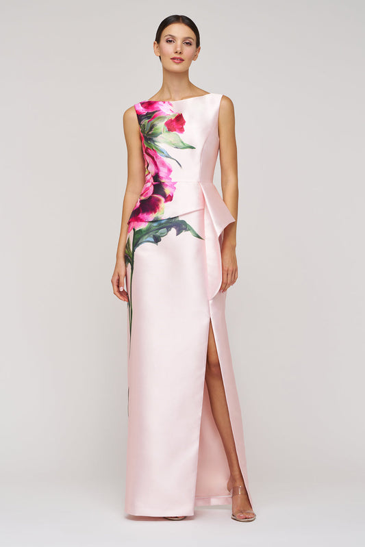 Kay Unger Rose Print Column Gown