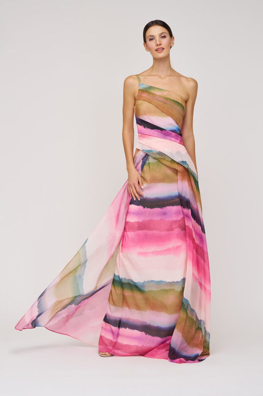 Kay Unger Ombre Stripe One Shoulder
