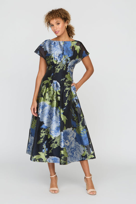 Kay Unger Floral Short Sleeve Midi Dress