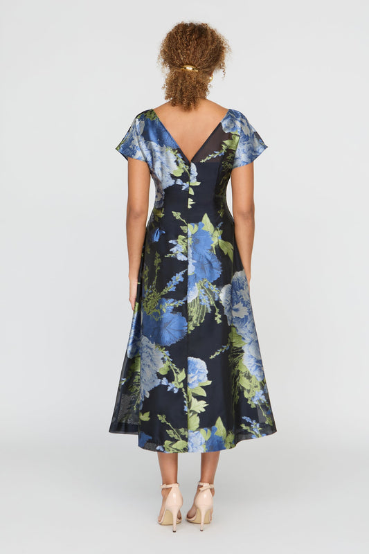 Kay Unger Floral Short Sleeve Midi Dress