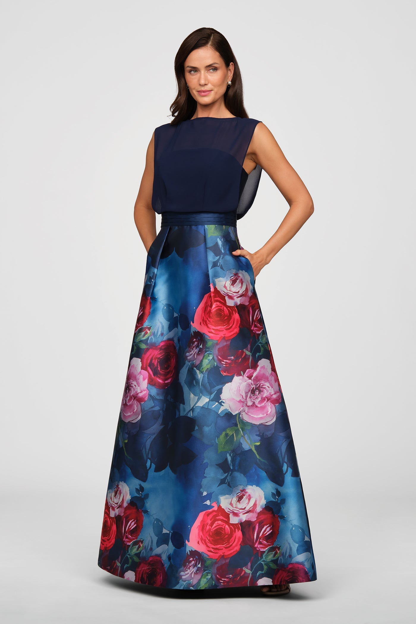 Kay Unger Cap Sleeve Chiffon Floral Skirt