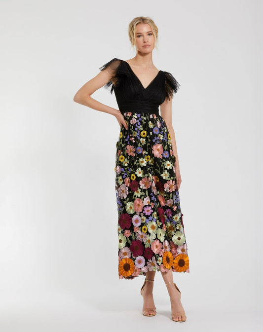 Mac Duggal Floral Appliqué Flutter Sleeve Dress