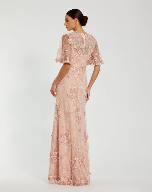 Mac Duggal Flutter Sleeve Floral Embroidered Gown