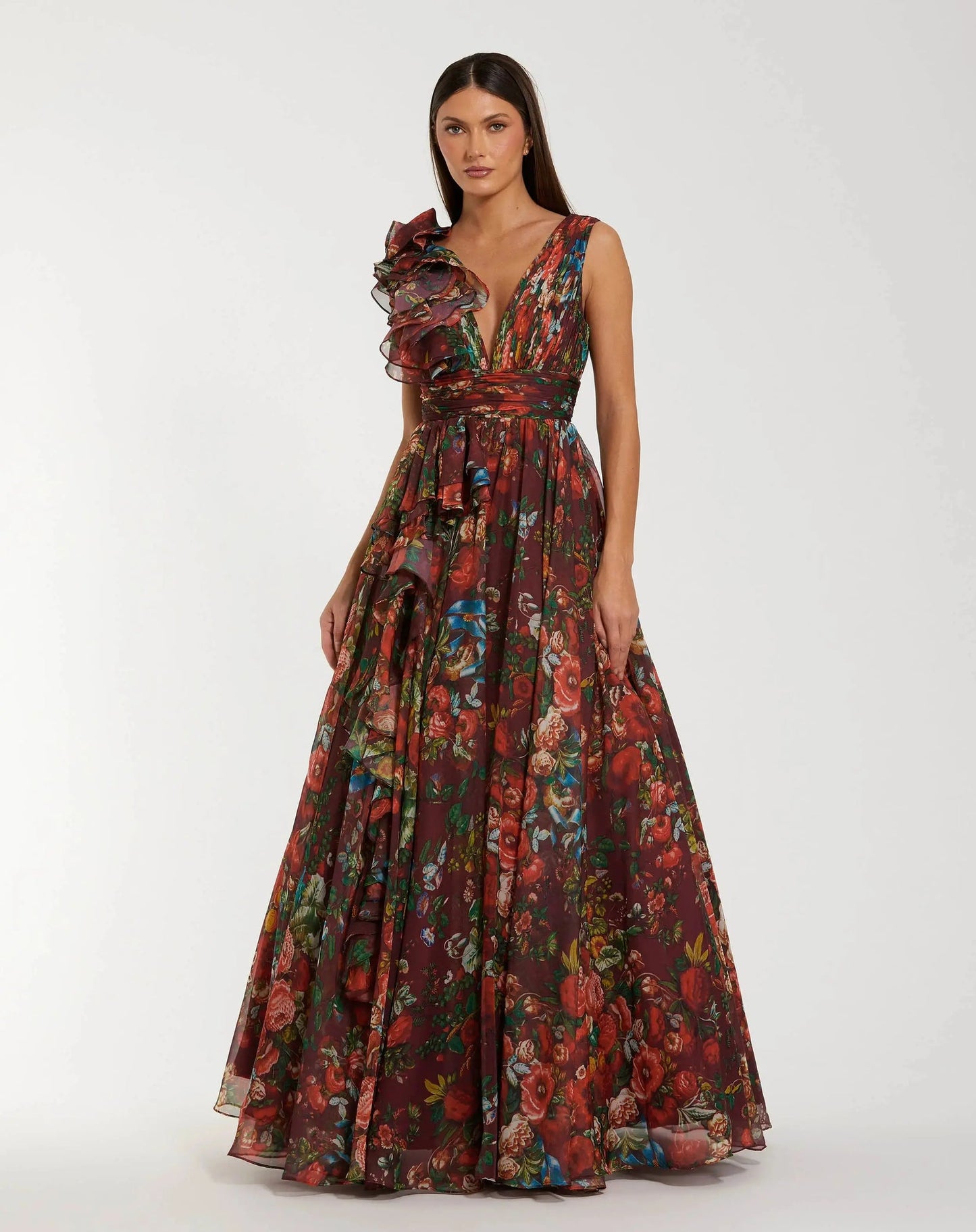 Mac Duggal Sleeveless Chiffon Ruffle Ball Gown