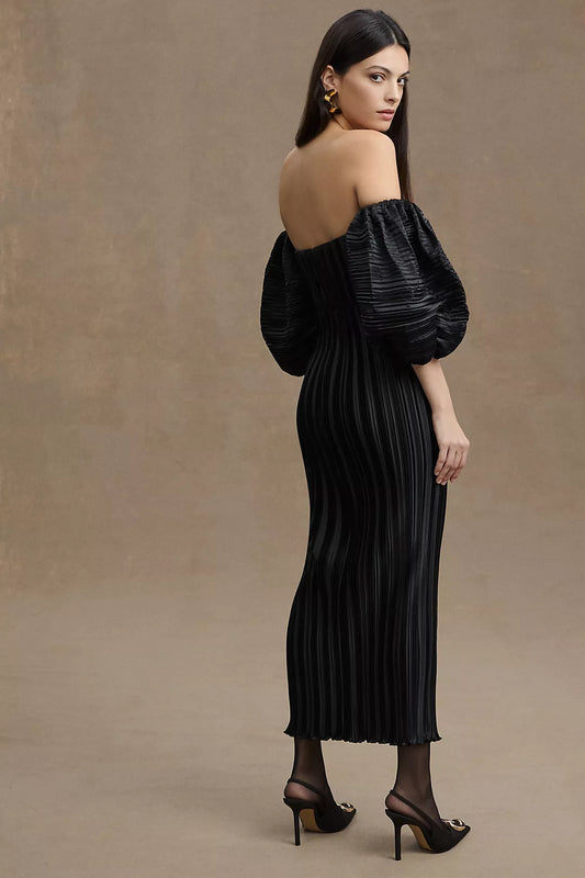 L'IDÉE Sirene Off-Shoulder Puff-Sleeve Pleated Column Dress