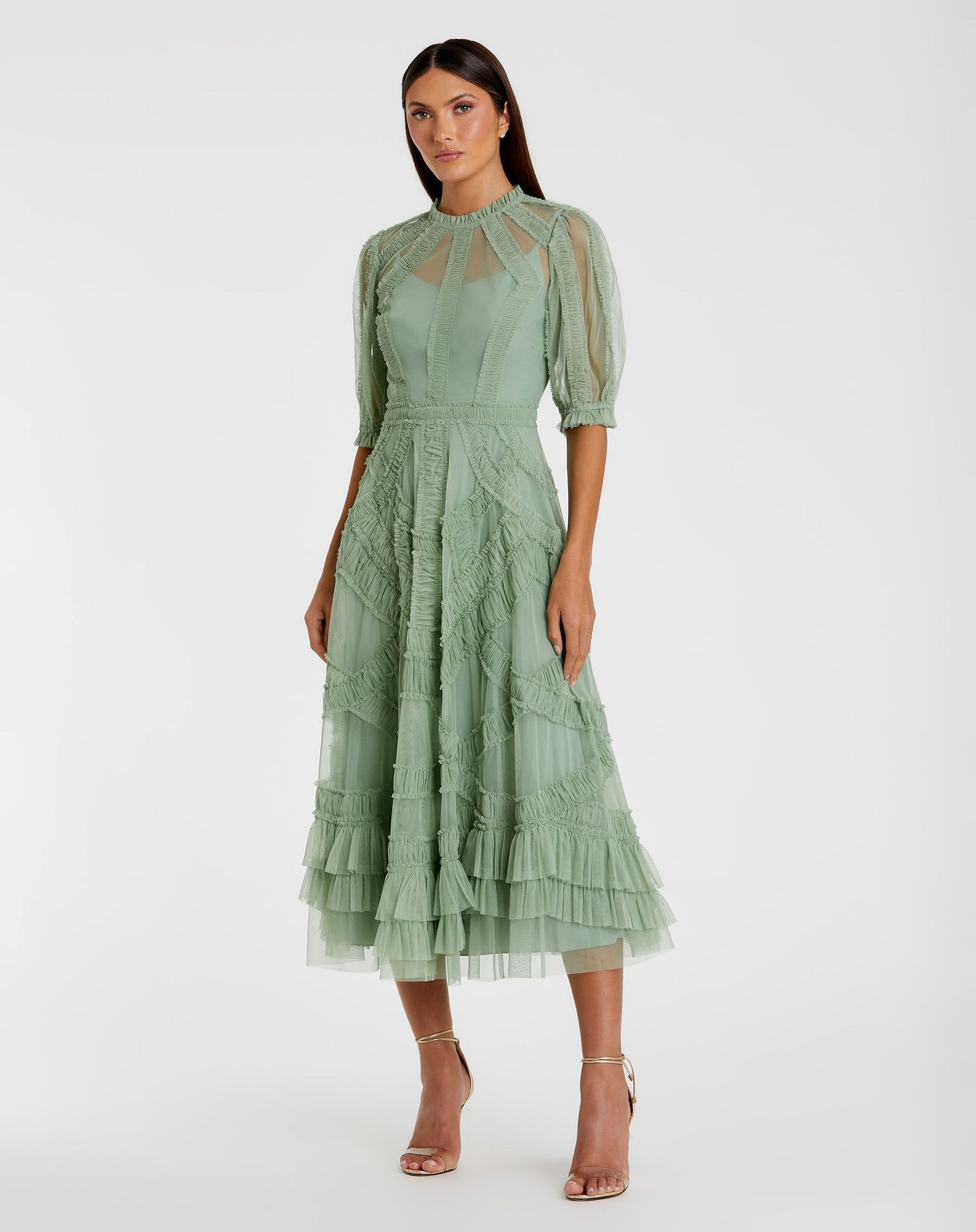 Mac Duggal High Neck Micro Ruffle Tiered Midi Dress – MOTHER OF
