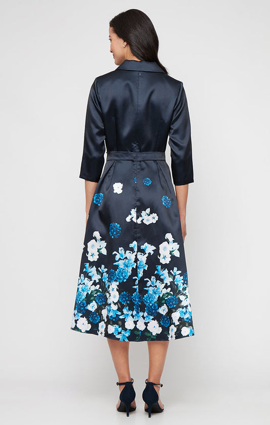 Alex Evenings Tea Length Printed Mikado Tie Waist Dress