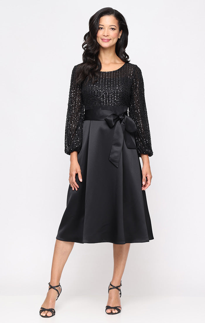 Alex Evenings Sequin and Satin Tie Waist Midi Dress