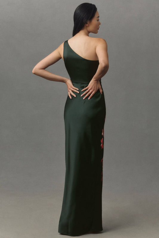 BHLDN Satin One-Shoulder Side-Slit Maxi Dress