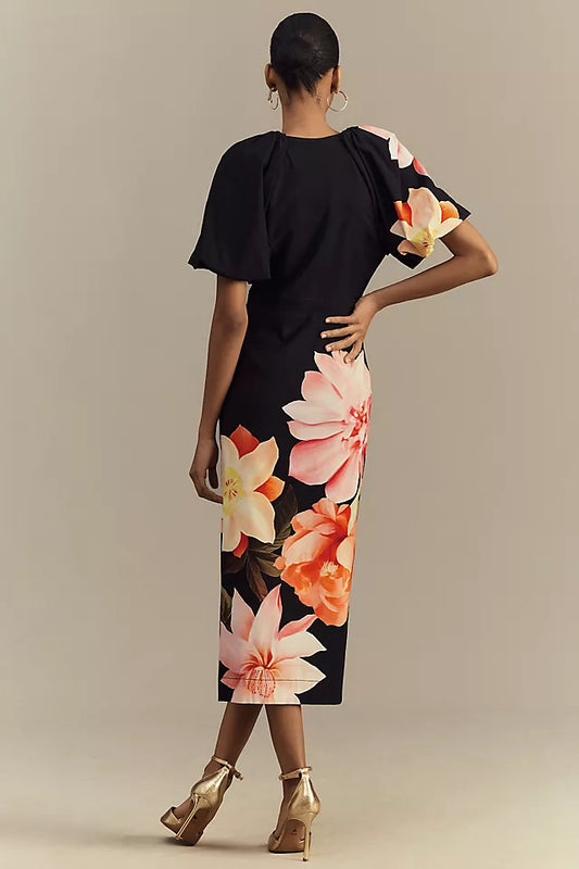 BHLDN Puff Sleeve V-Neck Floral Midi Dress
