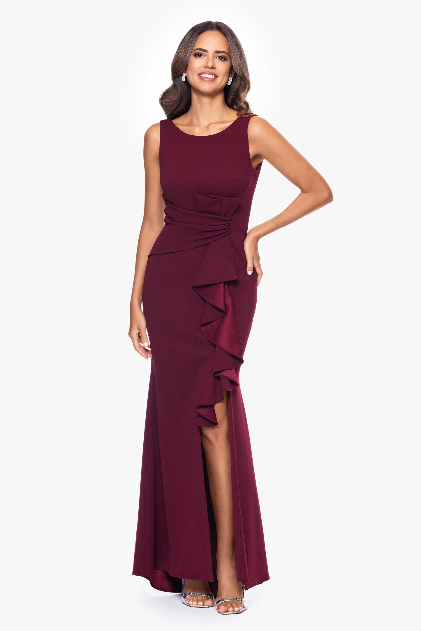 Betsy & Adam Sleeveless Ruffle Side Slit Gown