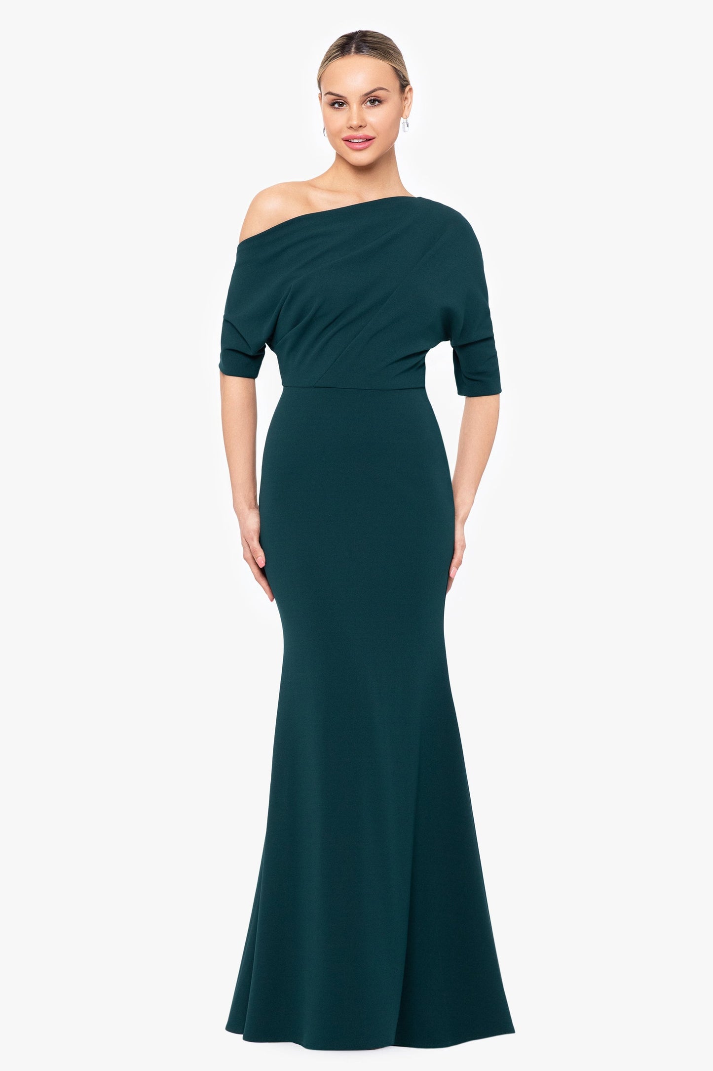 Betsy & Adam One-Shoulder Crepe Scuba Trumpet Gown