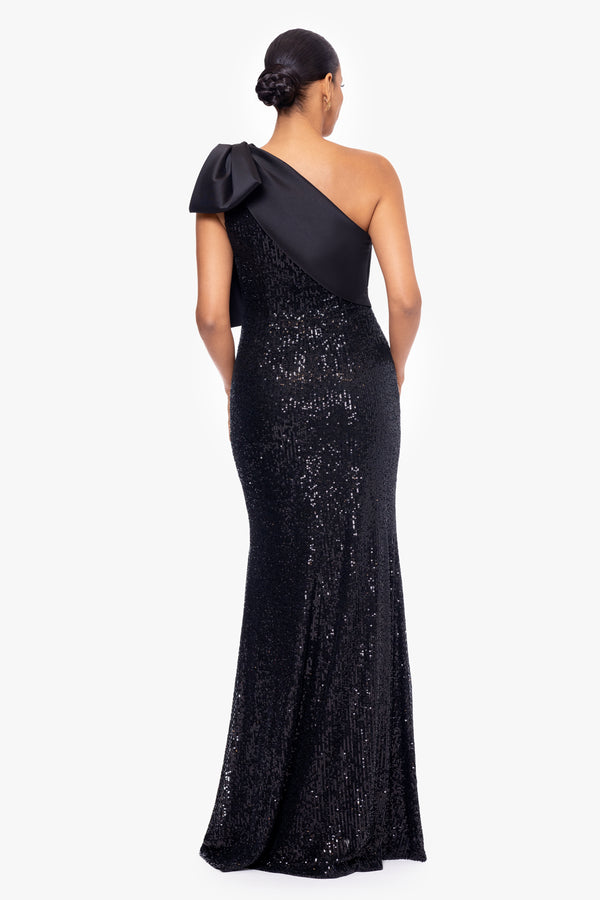 Betsy & Adam Asymmetric Sequin Bow Sleeveless Gown