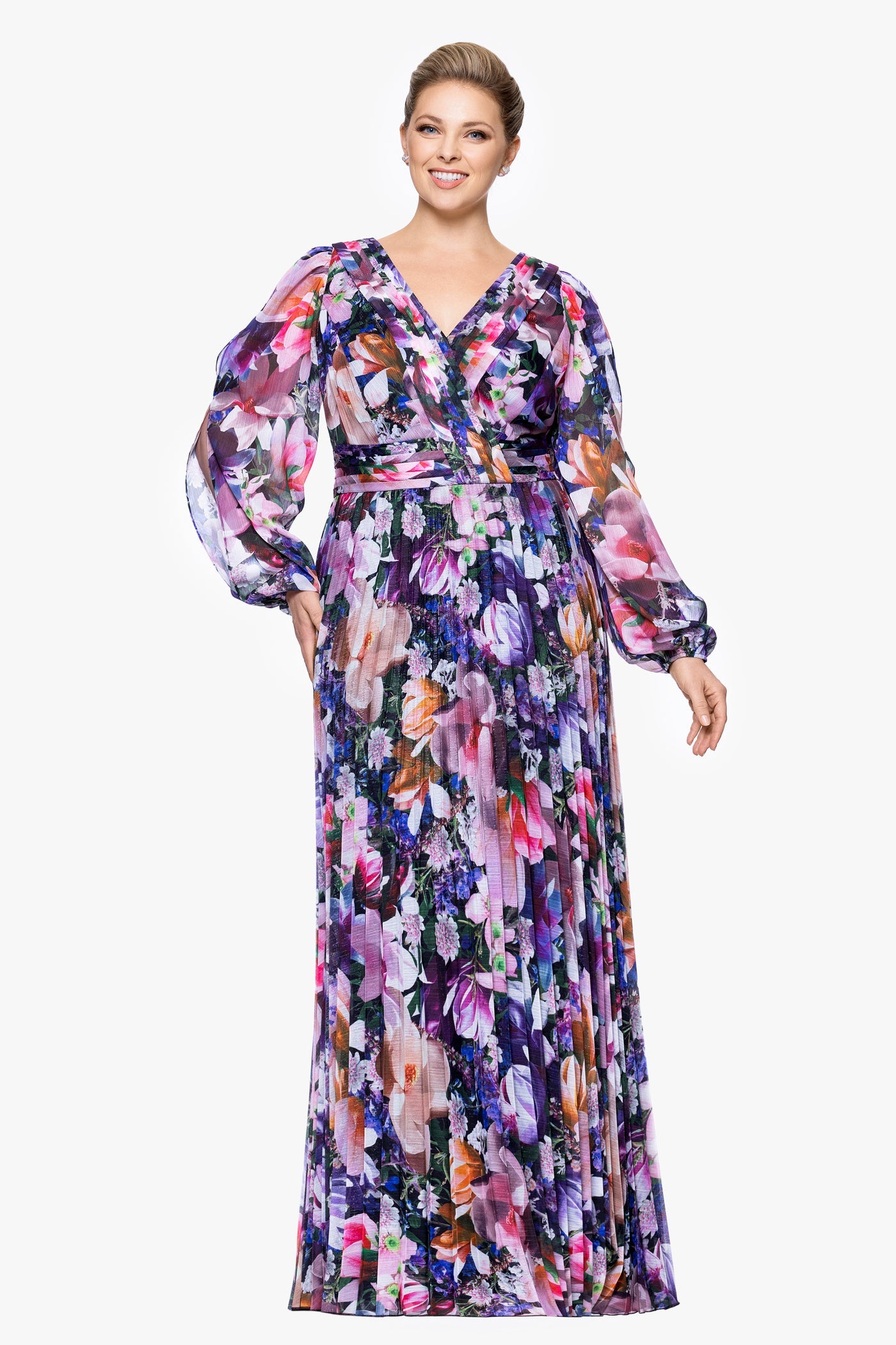 Betsy & Adam Plus Size Long Sleeve Floral Chiffon Dress
