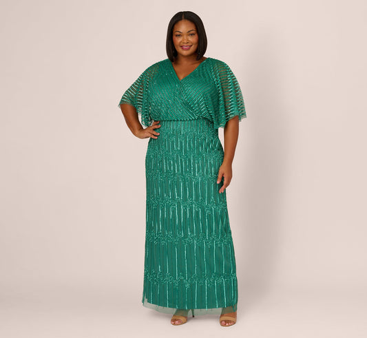 Adrianna Papell Plus Size Hand Beaded Blouson Column Gown