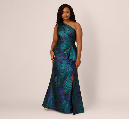 Adrianna Papell Plus Size One Shoulder Jacquard Mermaid Gown