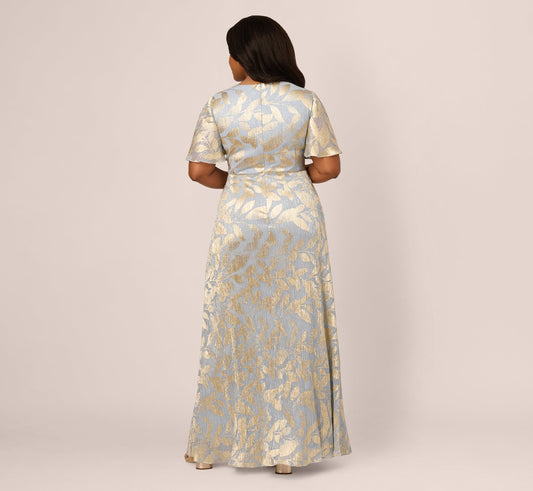 Adrianna Papell Plus Size Foil Leaf Short Sleeve Gown