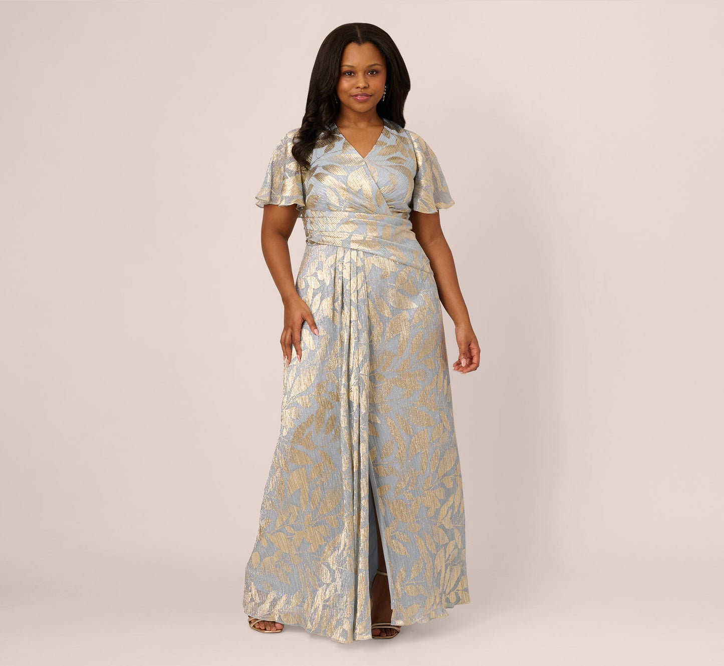 Adrianna Papell Plus Size Foil Leaf Short Sleeve Gown