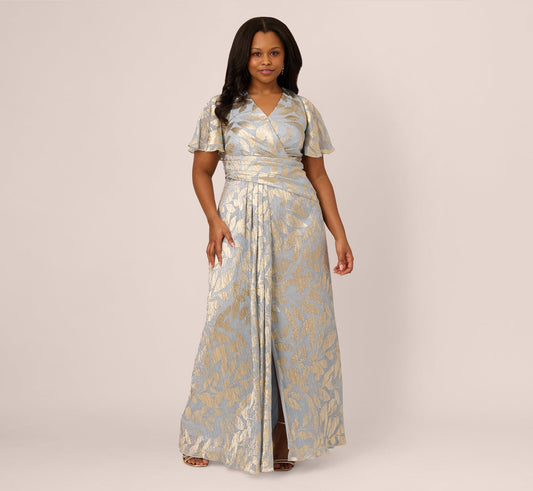 Adrianna Papell Plus Size Foil Leaf Short Sleeve Gown