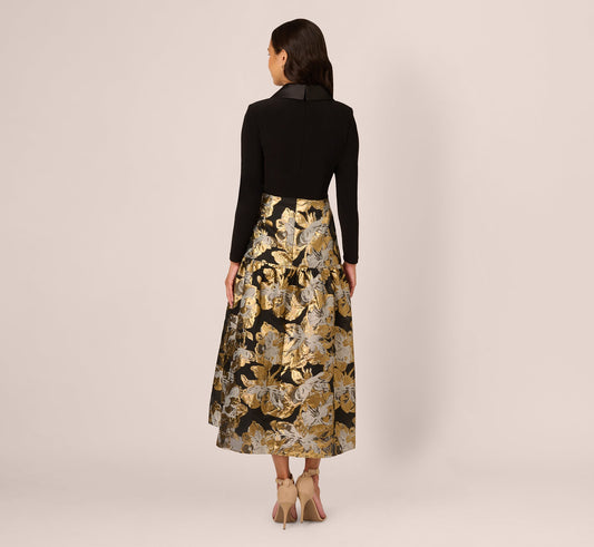Adrianna Papell Shawl Collar Black and Gold Jacquard Midi Dress
