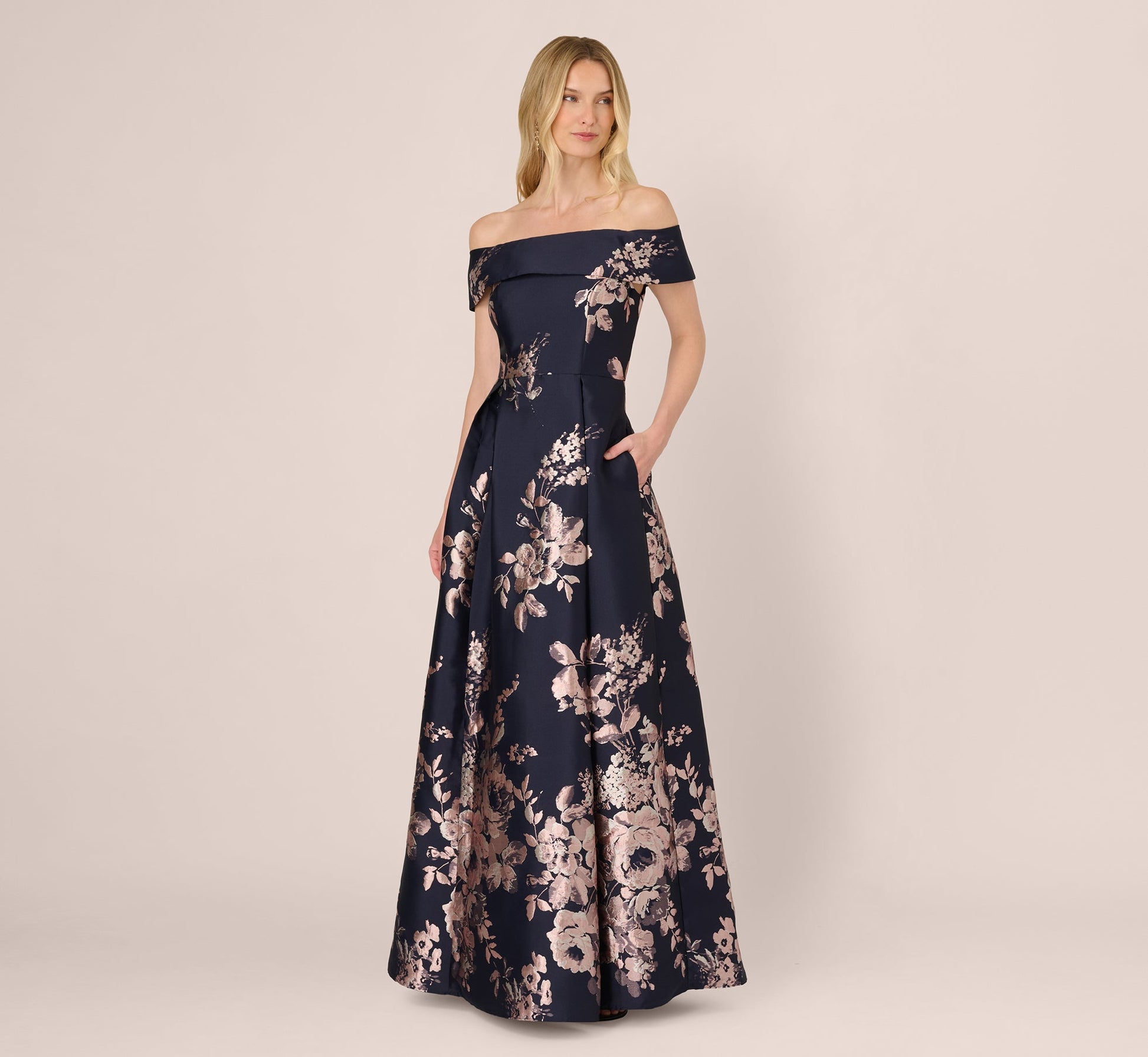 adrianna papell metallic floral dress Adrianna Papell One Shoulder Chiffon Gown