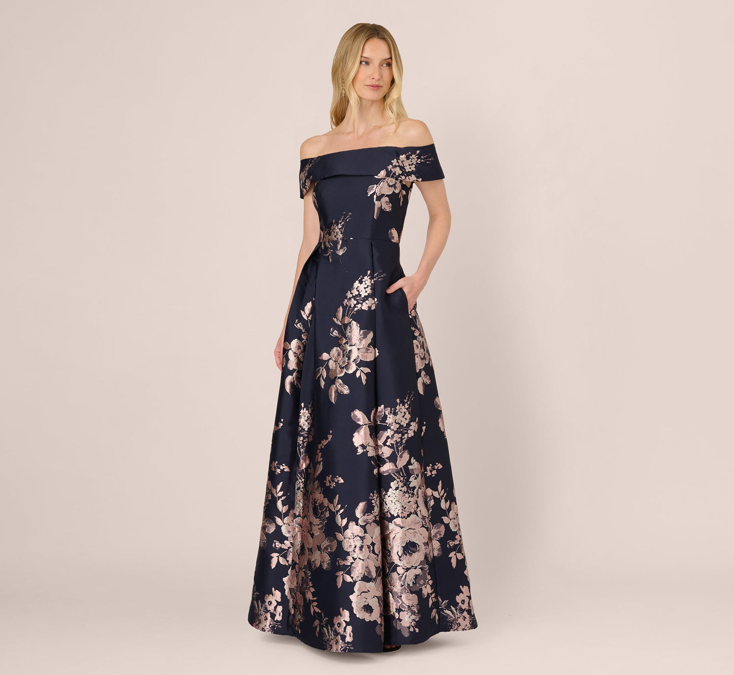 Adrianna Papell Off Shoulder Metallic Floral Jacquard