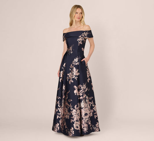 Adrianna Papell Off Shoulder Metallic Floral Jacquard