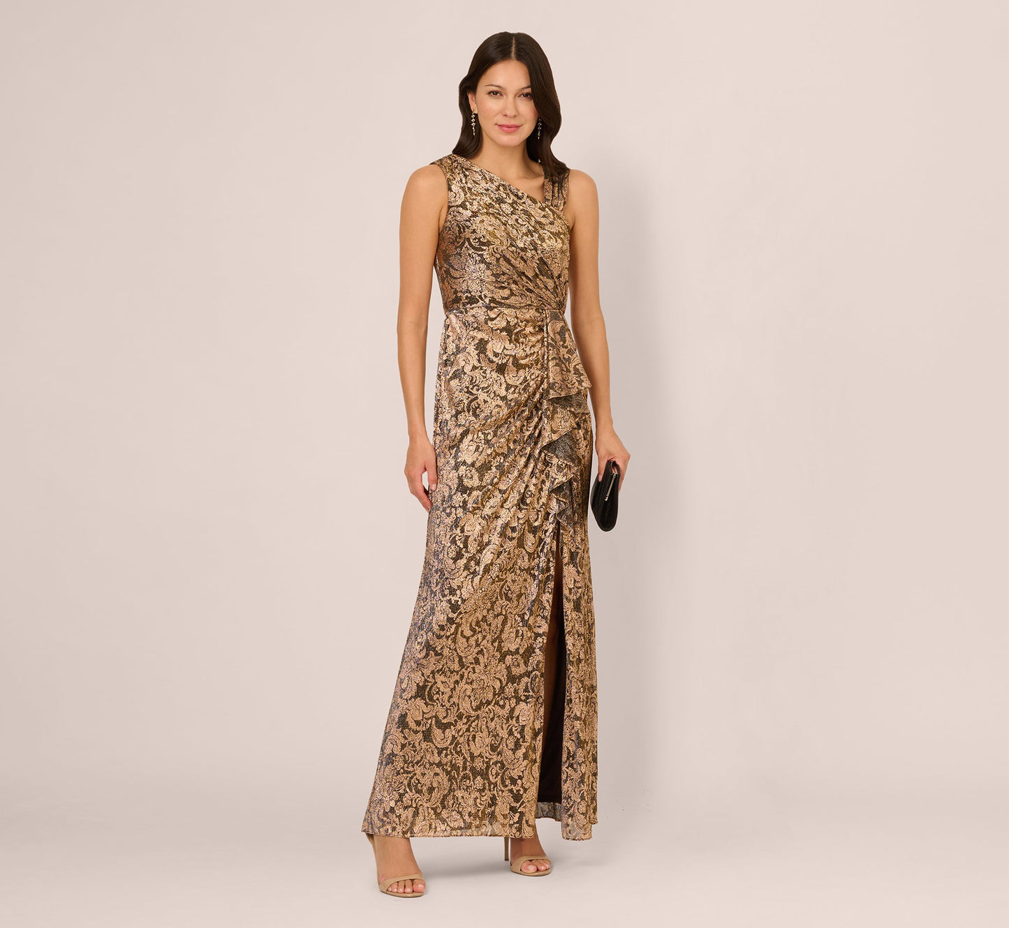 Adrianna Papell Sleeveless Asymmetrical Metallic Gown