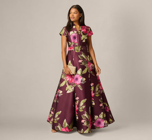 Adrianna Papell Short Sleeve Floral Ballgown
