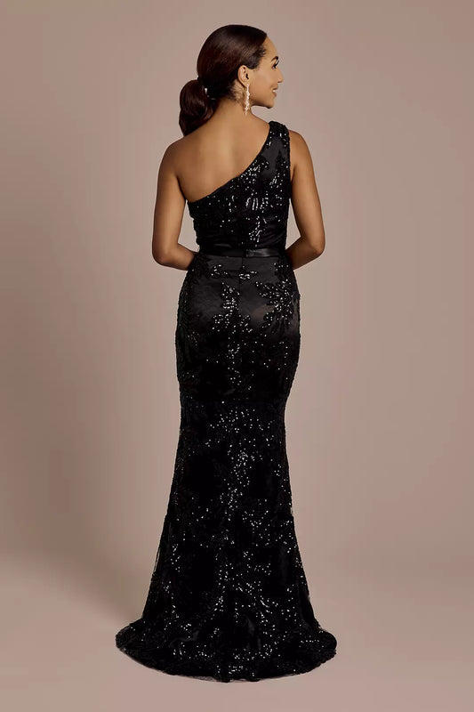 Galina Signature One Shoulder Beaded Applique Mermaid Dress