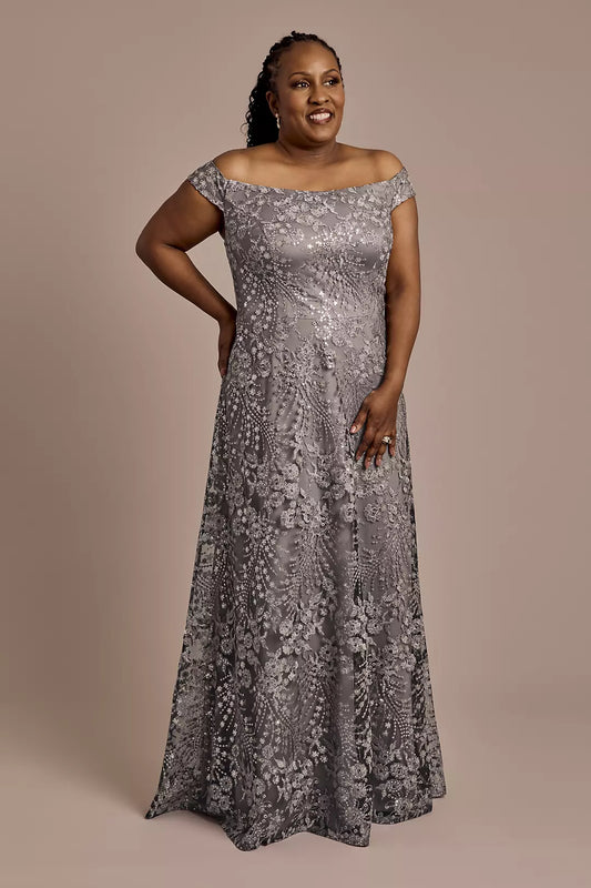 Oleg Cassini Plus Size Off Shoulder Sequin Dress