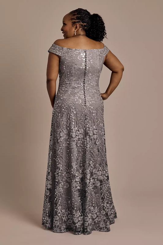 Oleg Cassini Plus Size Off Shoulder Sequin Dress