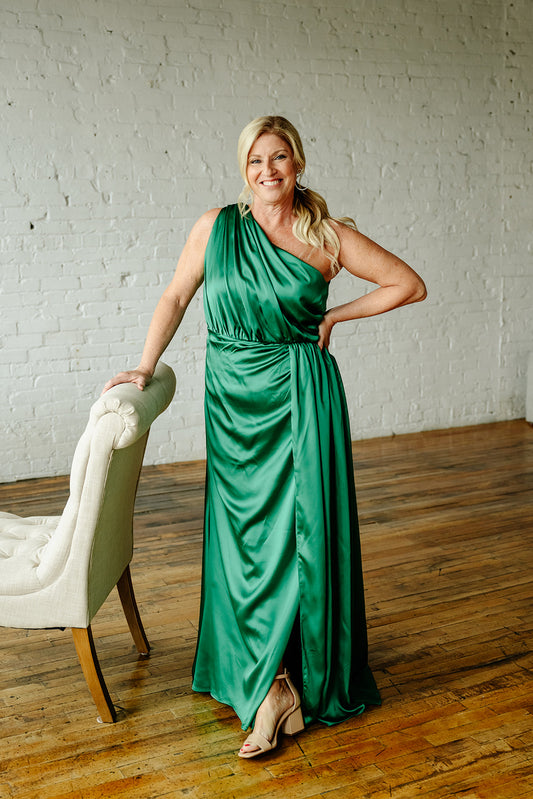 Mac Duggal Gathered One Shoulder Satin Faux Wrap Gown