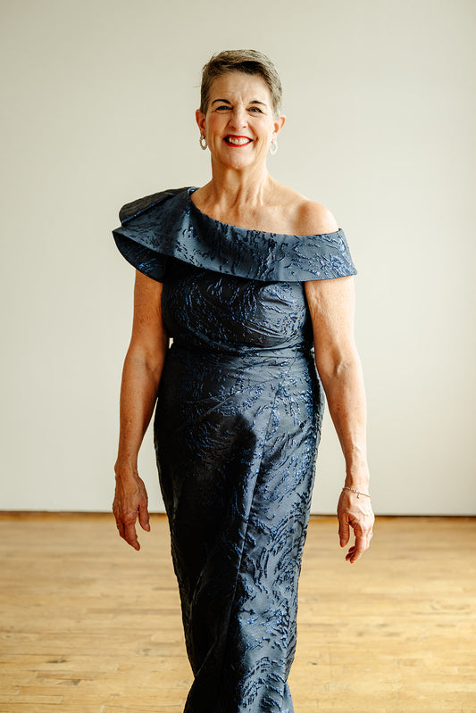 Teri Jon Swirl Jacquard Ruffle Gown