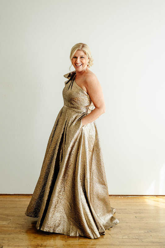 Mac Duggal One Shoulder Metallic Ballgown