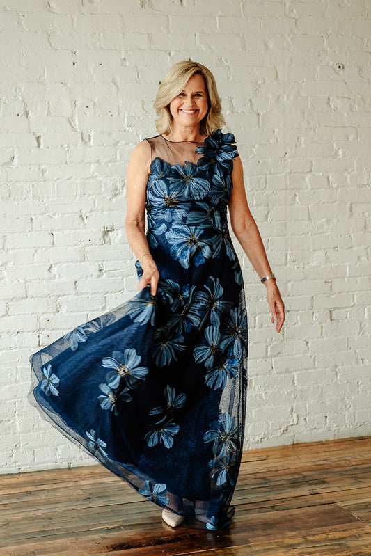 Teri Jon Floral Embroidered Tulle Gown With 3D Flowers