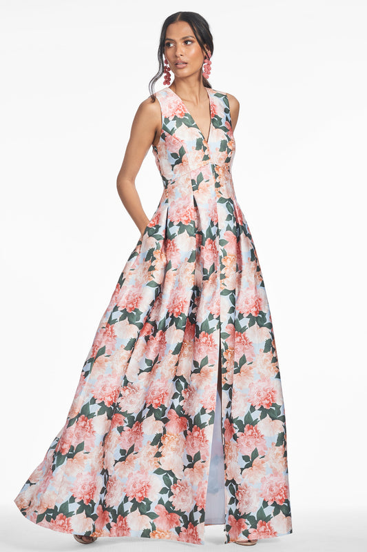 Sachin & Babi Sleeveless V-Neck Floral Gown