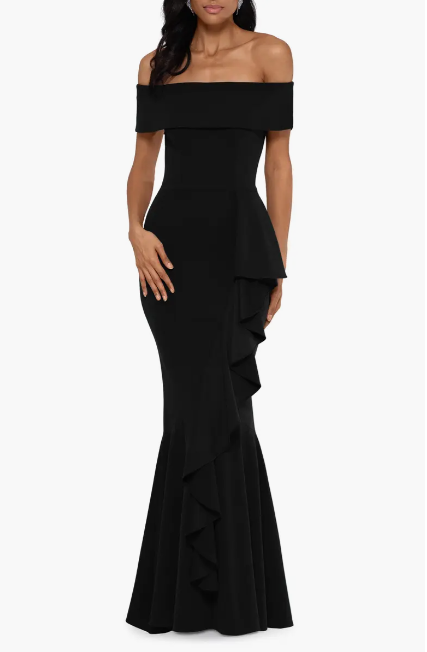 Betsy & Adam Cascade Ruffle Off the Shoulder Gown