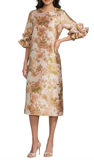Abbey Glass Floral Jacquard Ruffle Cuff Sleeve Midi Dress