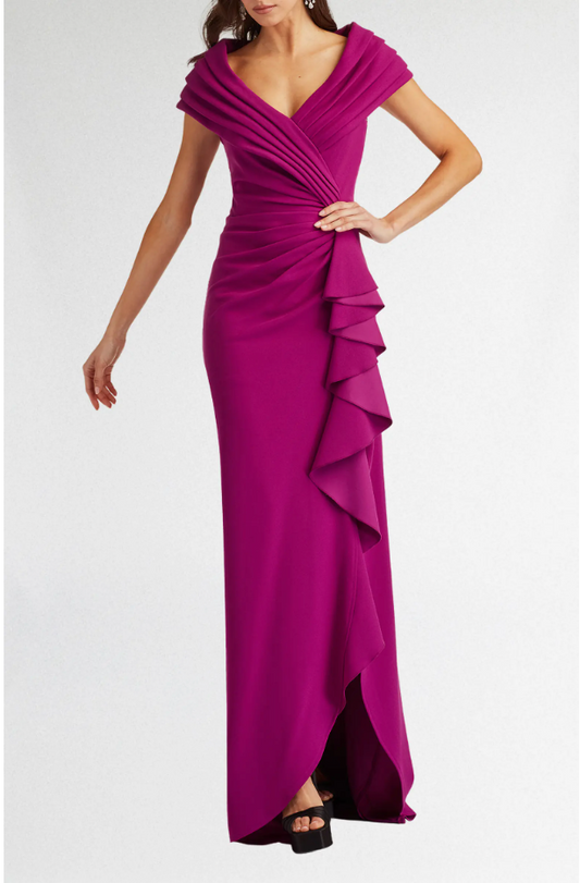 Tadashi Shojhi Cascade Ruffle Portrait Neck Gown