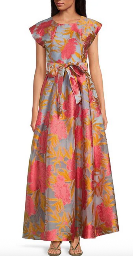 Abbey Glass Round Neck Cap Sleeve A-Line Gown