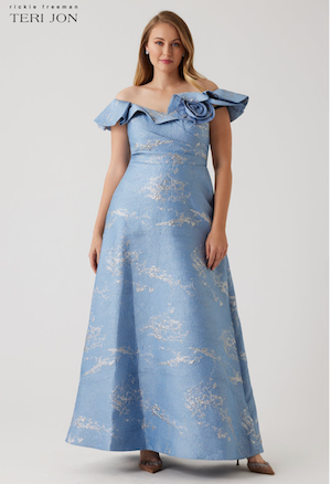 Teri Jon Off Shoulder Jacquard Ruffle Gown With Flower Applique