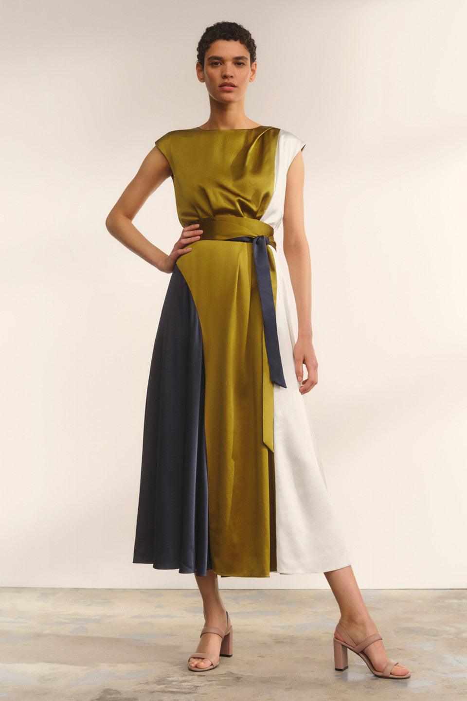 The Fold Color Block Silk Midi Dress