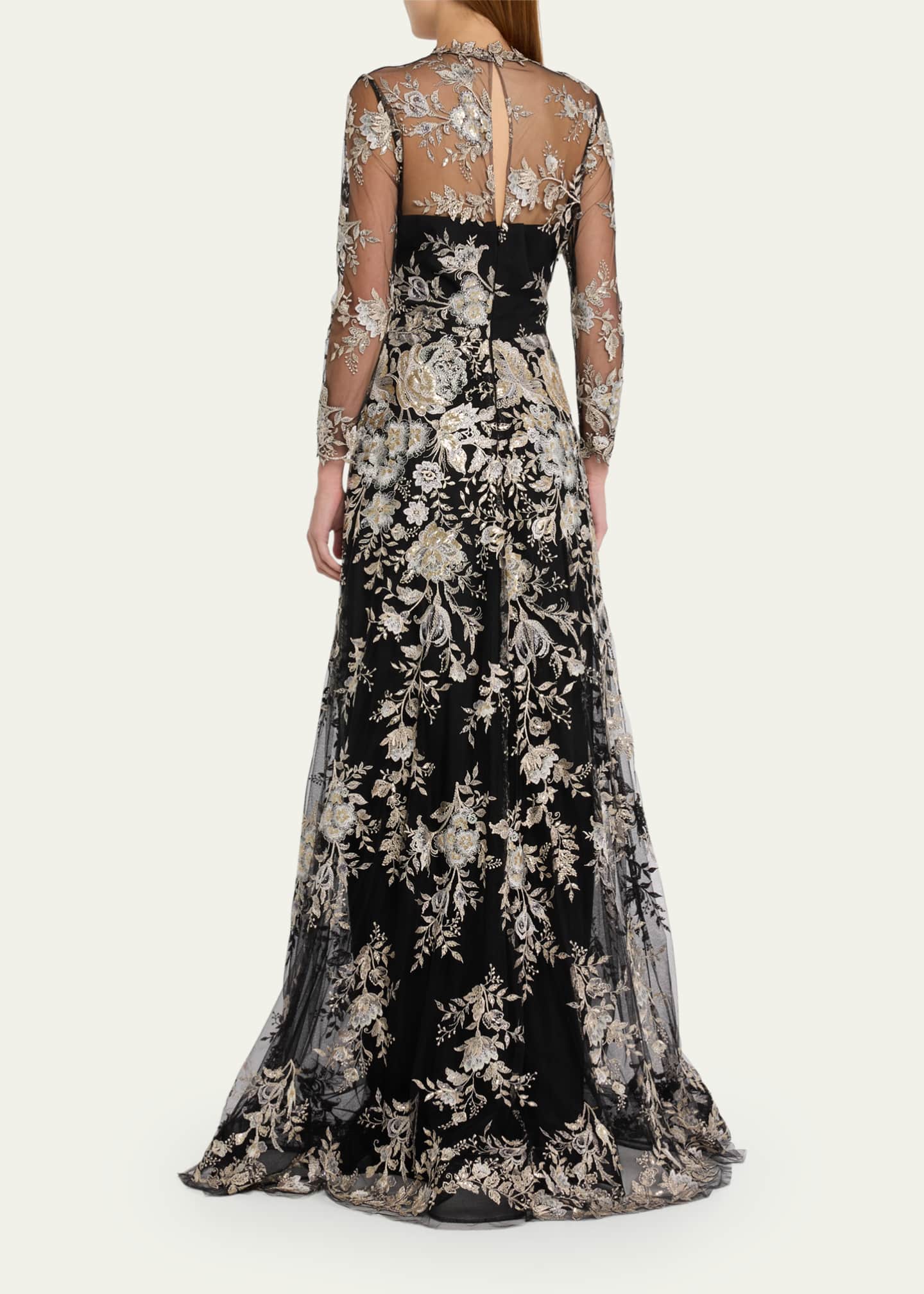 Rickie Freeman for Teri Jon Floral-Embroidered Mock-Neck Tulle Gown