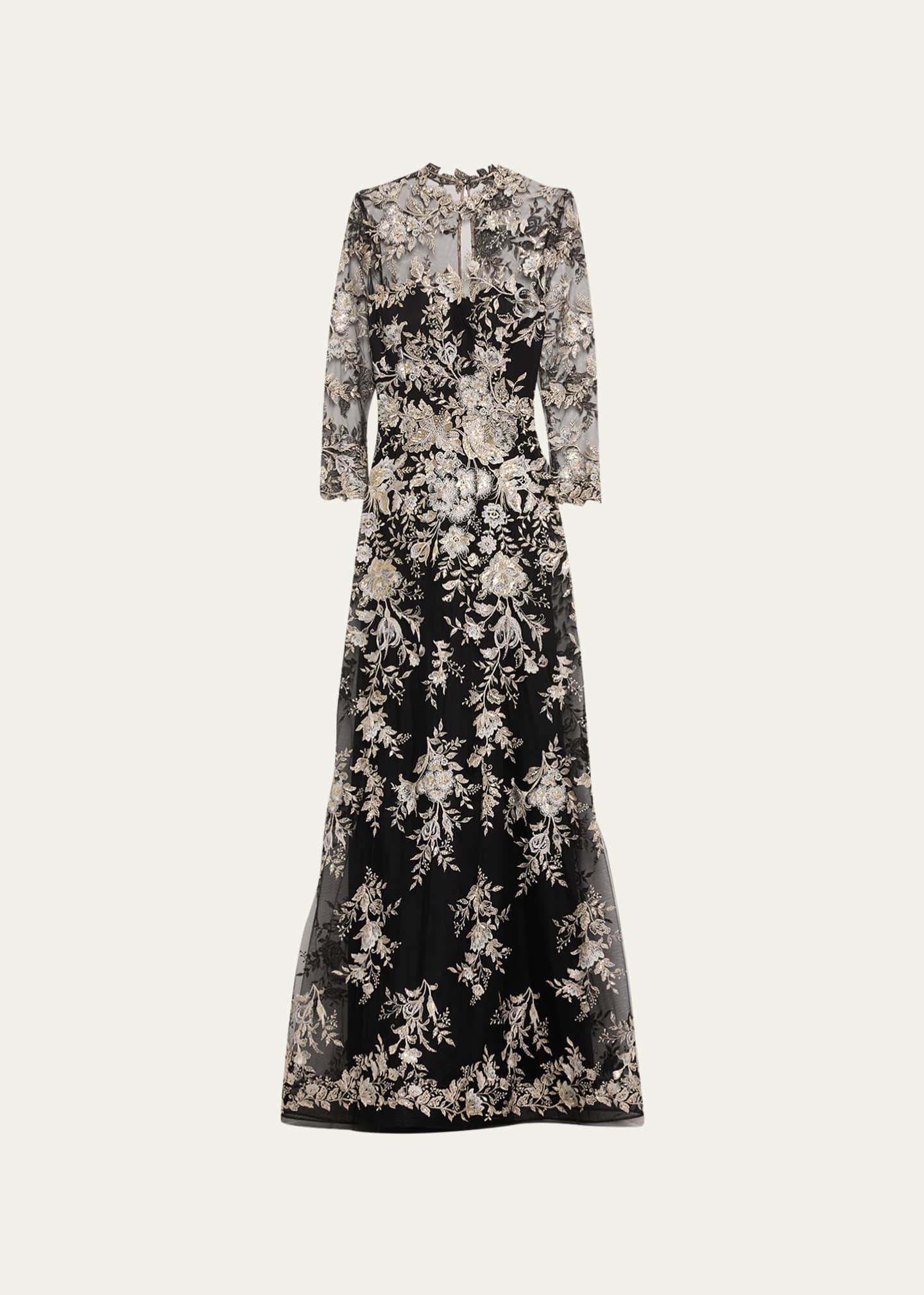 Rickie Freeman for Teri Jon Floral-Embroidered Mock-Neck Tulle Gown