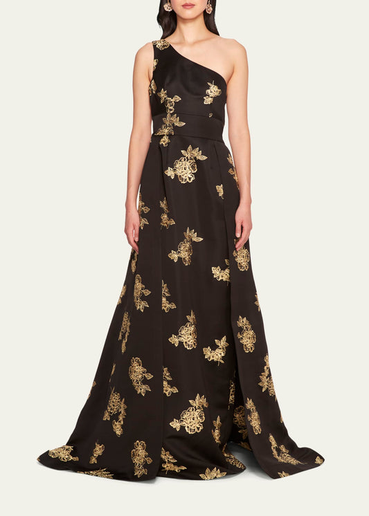 Marchesa Notte One Shoulder Floral Embroidered Satin Gown