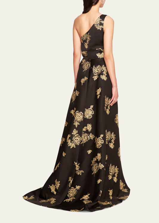 Marchesa Notte One Shoulder Floral Embroidered Satin Gown